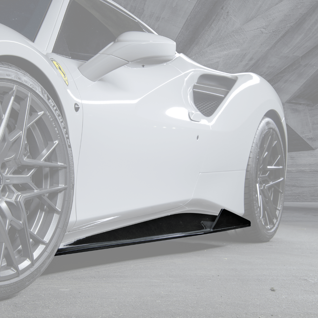 488 Diavolo side skirt, faded view highlighting carbon