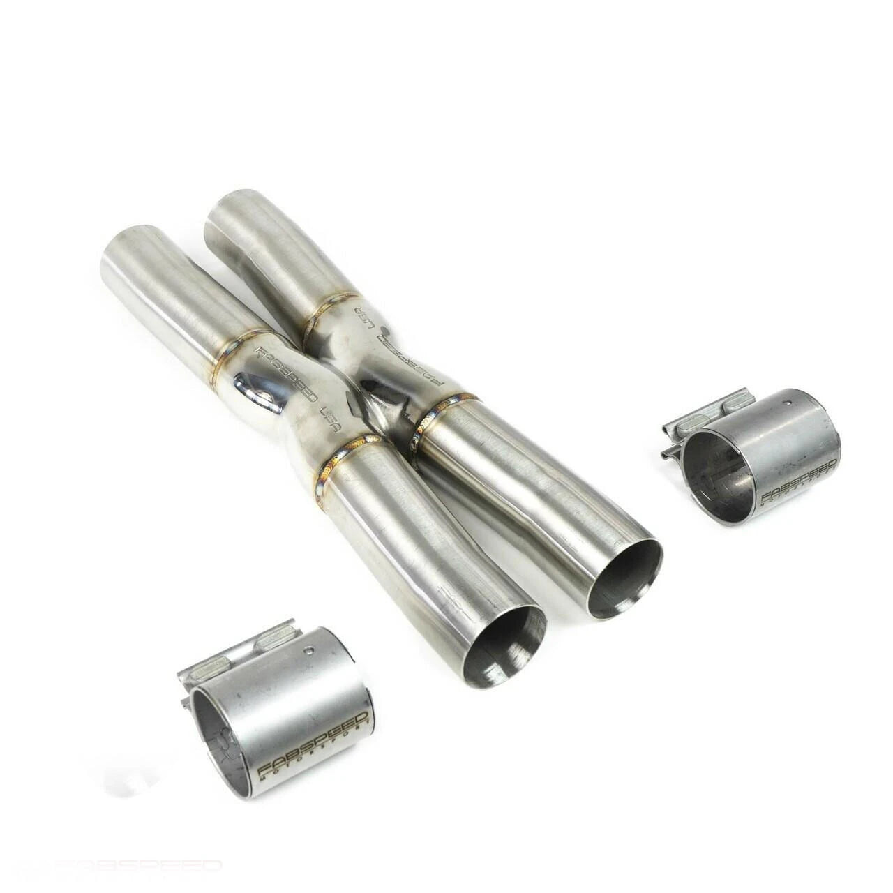 Fabspeed F12 X-pipe with clamps, angled view