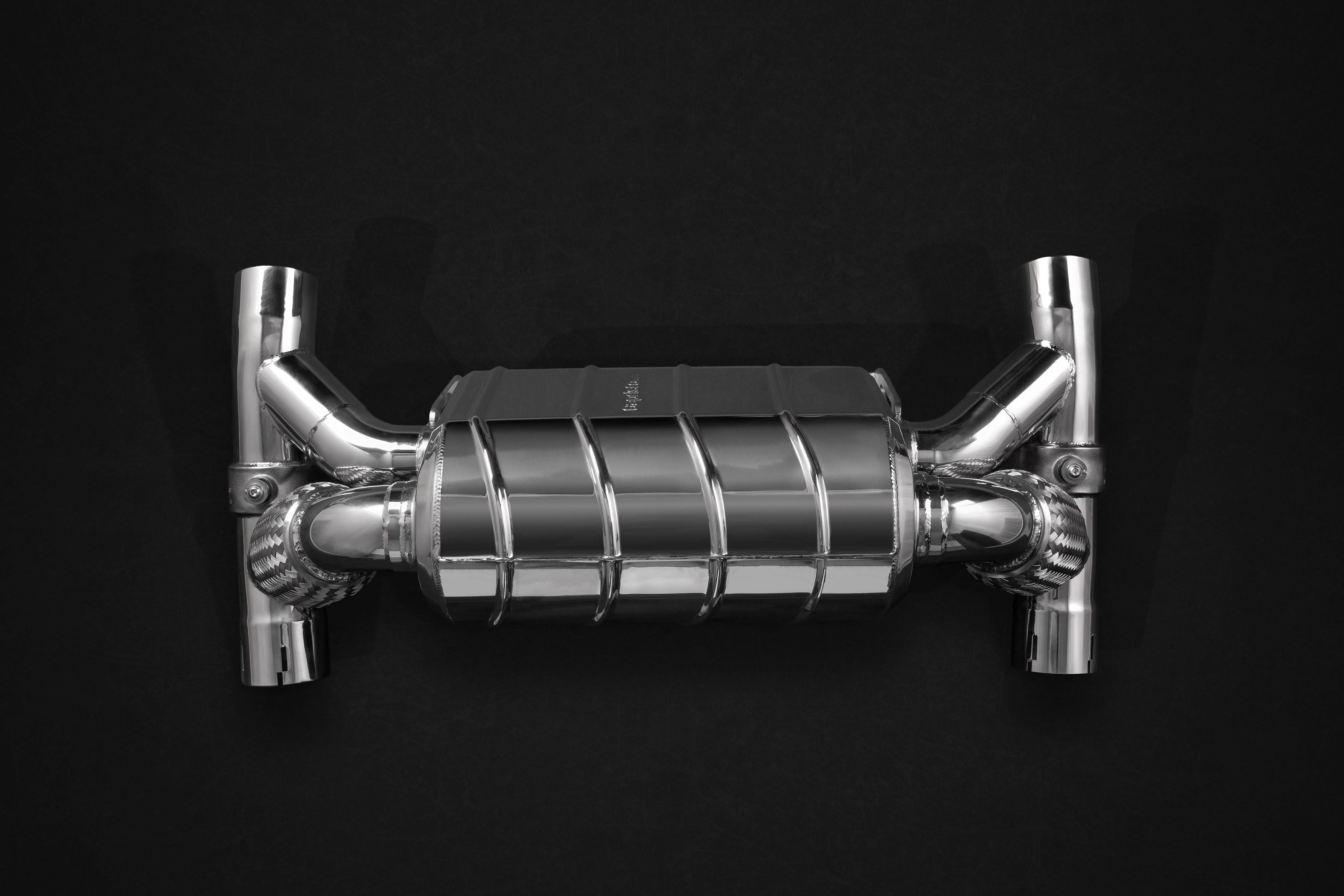 Capristo F430 Scuderia muffler from above with flex joints and inlets