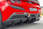 Capristo carbon fiber rear diffuser on red Ferrari F8, low rear corner view