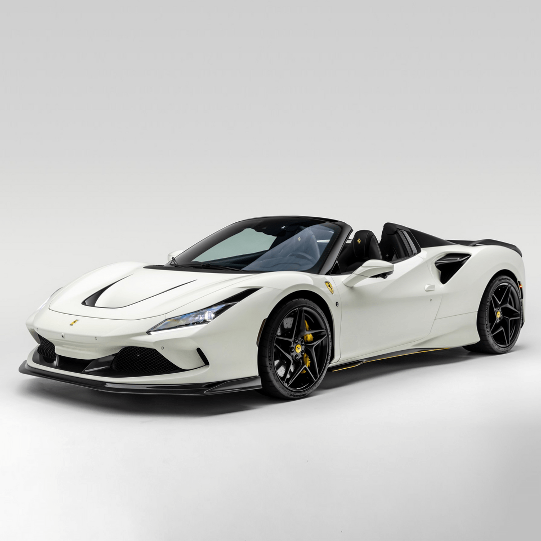 White Ferrari F8 Spider with front spoiler, front 3/4 view