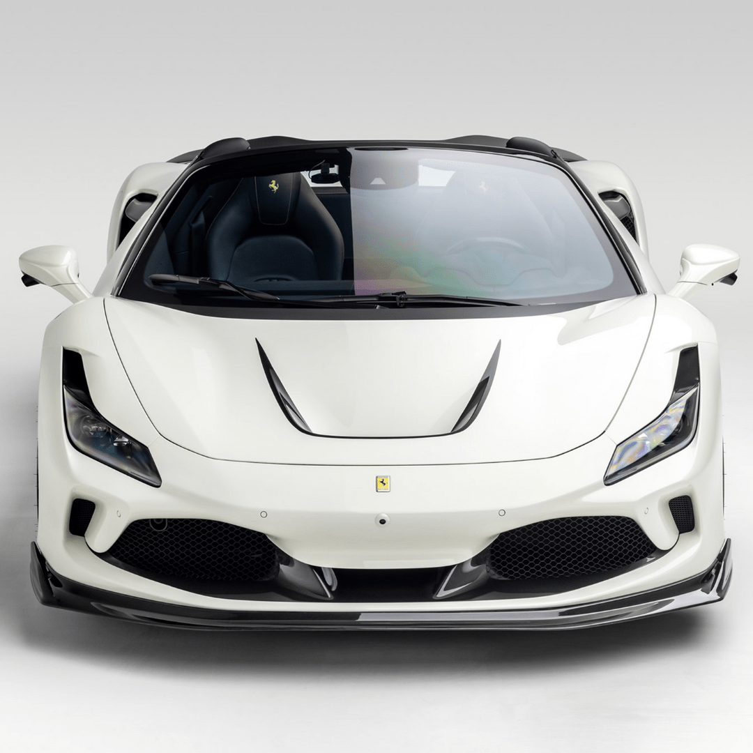 White F8 with carbon front spoiler, head-on view