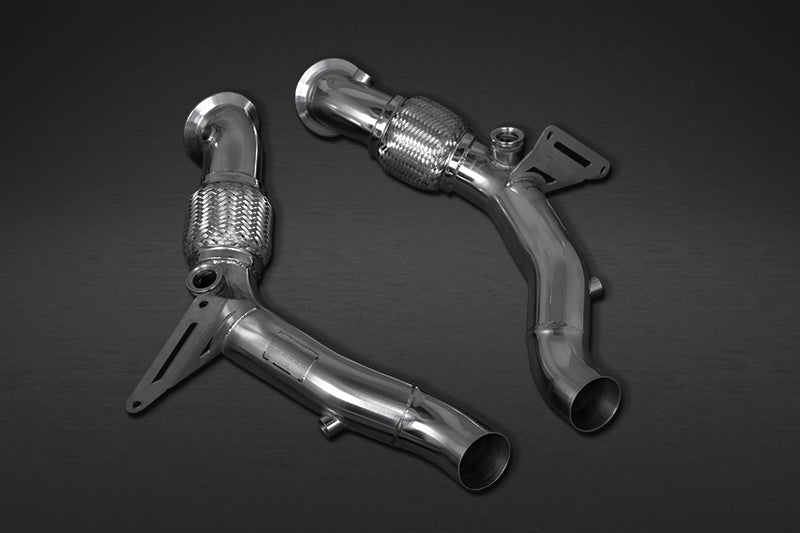 Capristo F8 downpipes with flex bellows and mounting brackets, angled view