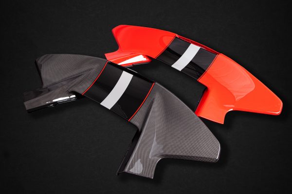 wide view of Capristo Carbon Fiber Rear Wing for Ferrari 488 Pista Coupe 2019-2021 in red and black colour with black background