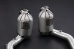 Ferrari Roma Capristo downpipes shown as a pair with outlet pipes