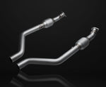 A front view of IPE SS Cat Pipe + Mid Pipe for BMW M3 (E90/E92 - S65) 2007-2013 with black background