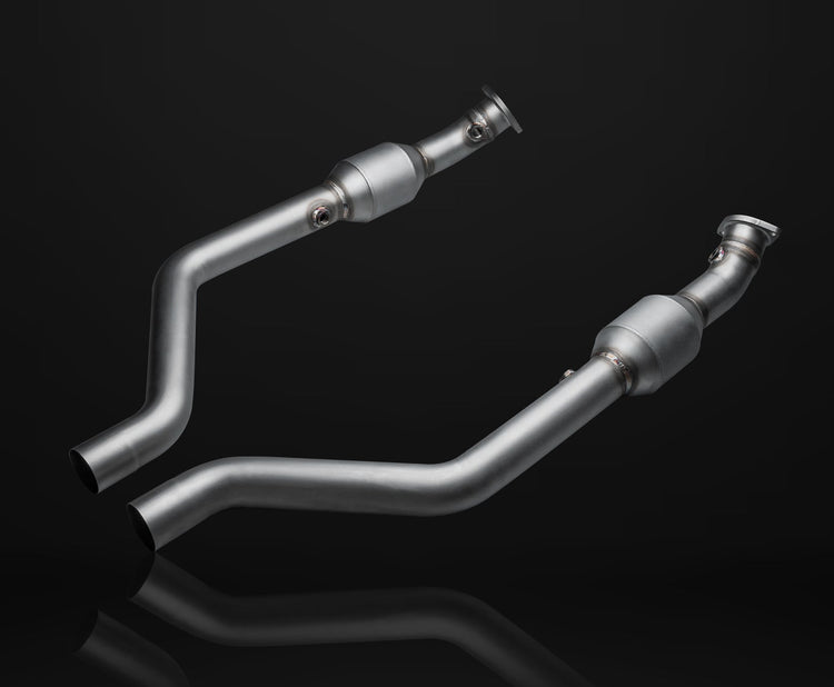A front view of IPE SS Cat Pipe + Mid Pipe for BMW M3 (E90/E92 - S65) 2007-2013 with black background