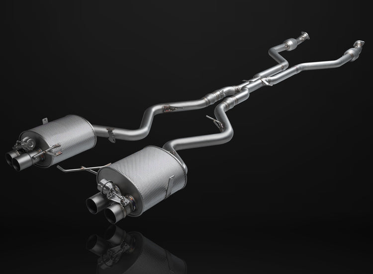 A front view of IPE SS Rear Valvetronic System with Remote Control for BMW M3 (E90/E92 - S65) 2007-2013 with black background