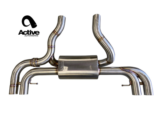 Overview shot of Active Autowerke Valved Rear Axle-back Exhaust for G4X BMW M240i with white background