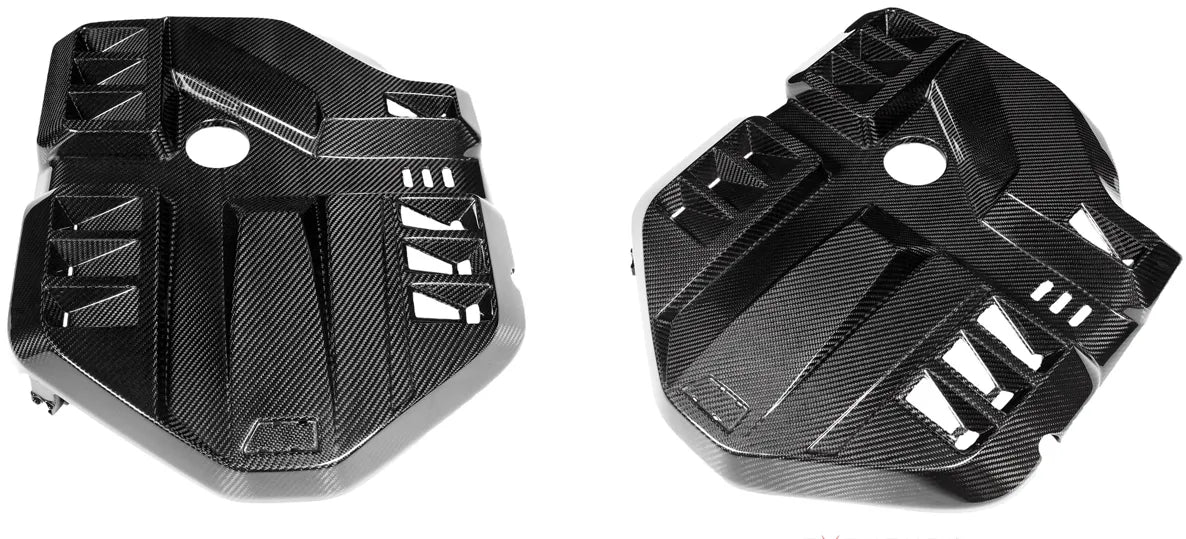 Two studio angles of the Eventuri G8X carbon cover showing the vented top and side