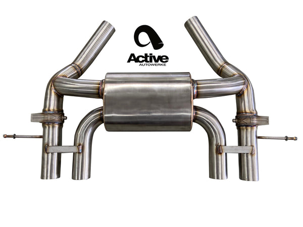 Wide view of Active Autowerke Valved Rear Axle-back Exhaust for BMW G87 M2 with white background