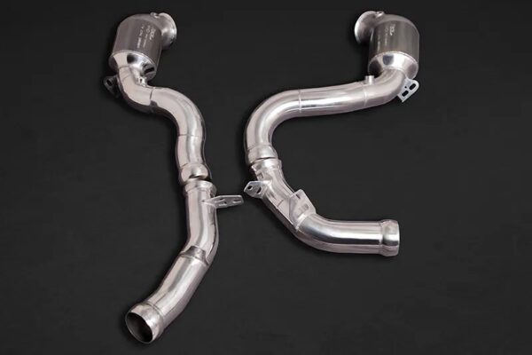 Close view of Capristo Exhaust 250 Cell Sports Cat Downpipes for Mercedes AMG GLC63/S (X253) 2015–2022 with black background