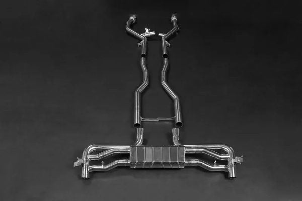 Wide top view of Capristo Valved Exhaust with Mid-Pipes (OE Actuators) for Mercedes AMG GLE63/S (V167) 2020+ with black background
