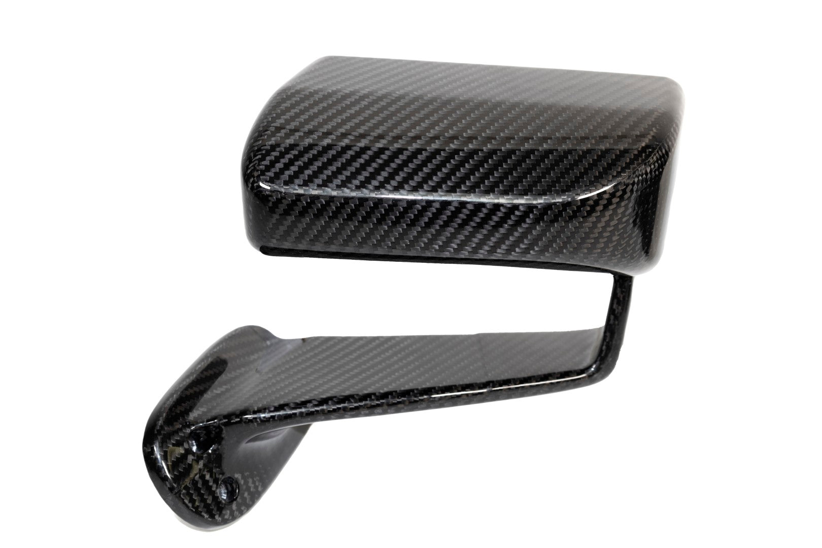 Carbon fiber aerodynamic side mirror with glossy finish and curved mounting arm on white background - APR Performance aero mirror for Scion FRS BRZ GT-86
