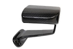Carbon fiber aerodynamic side mirror with glossy finish and curved mounting arm on white background - APR Performance aero mirror for Scion FRS BRZ GT-86
