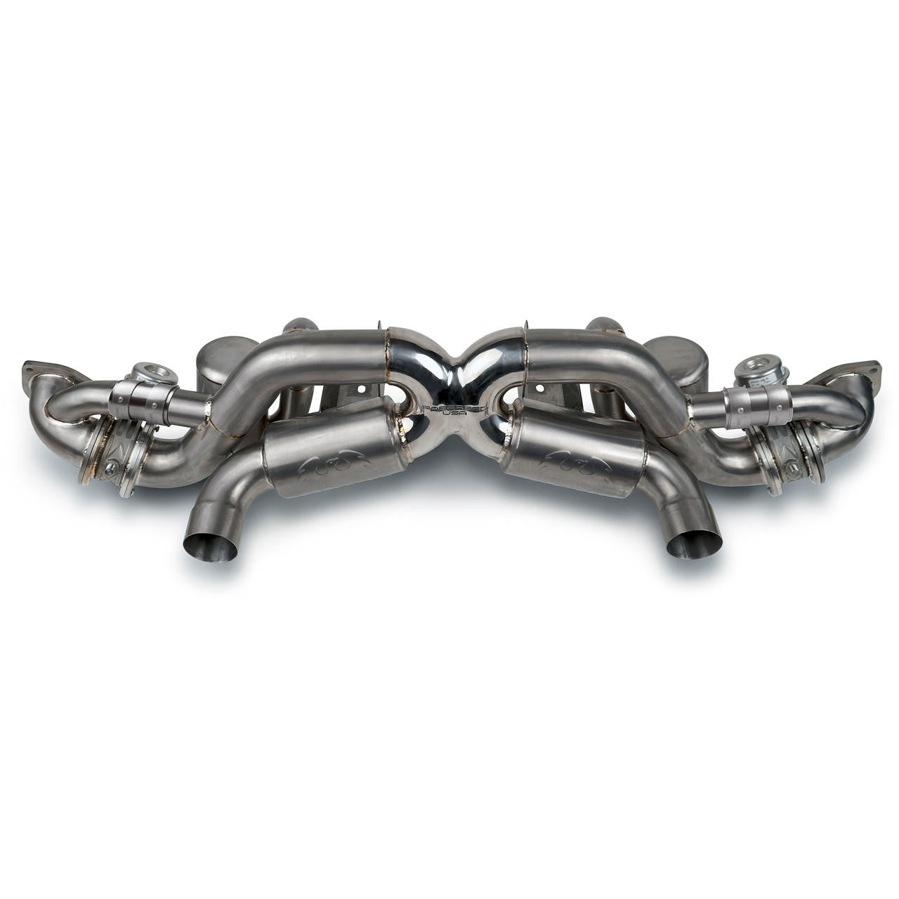 Fabspeed GT4 RS titanium valved exhaust, angled top view