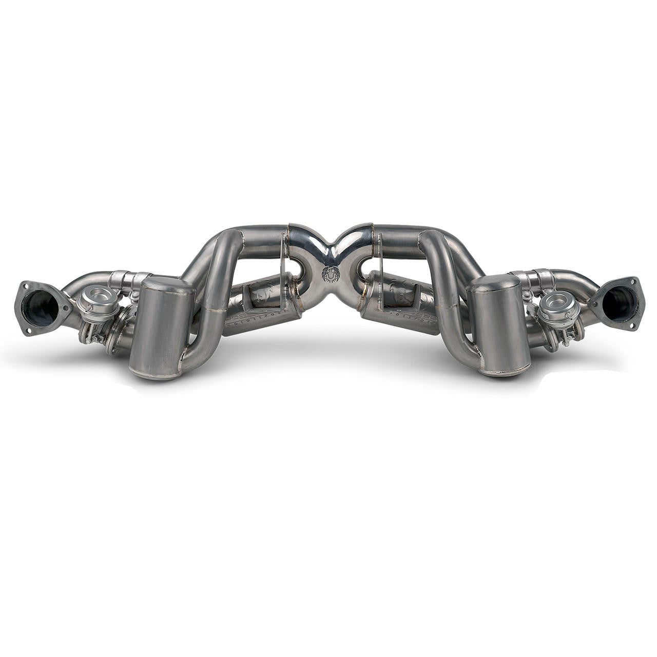 Fabspeed GT4 RS titanium valved exhaust with black tips, front view