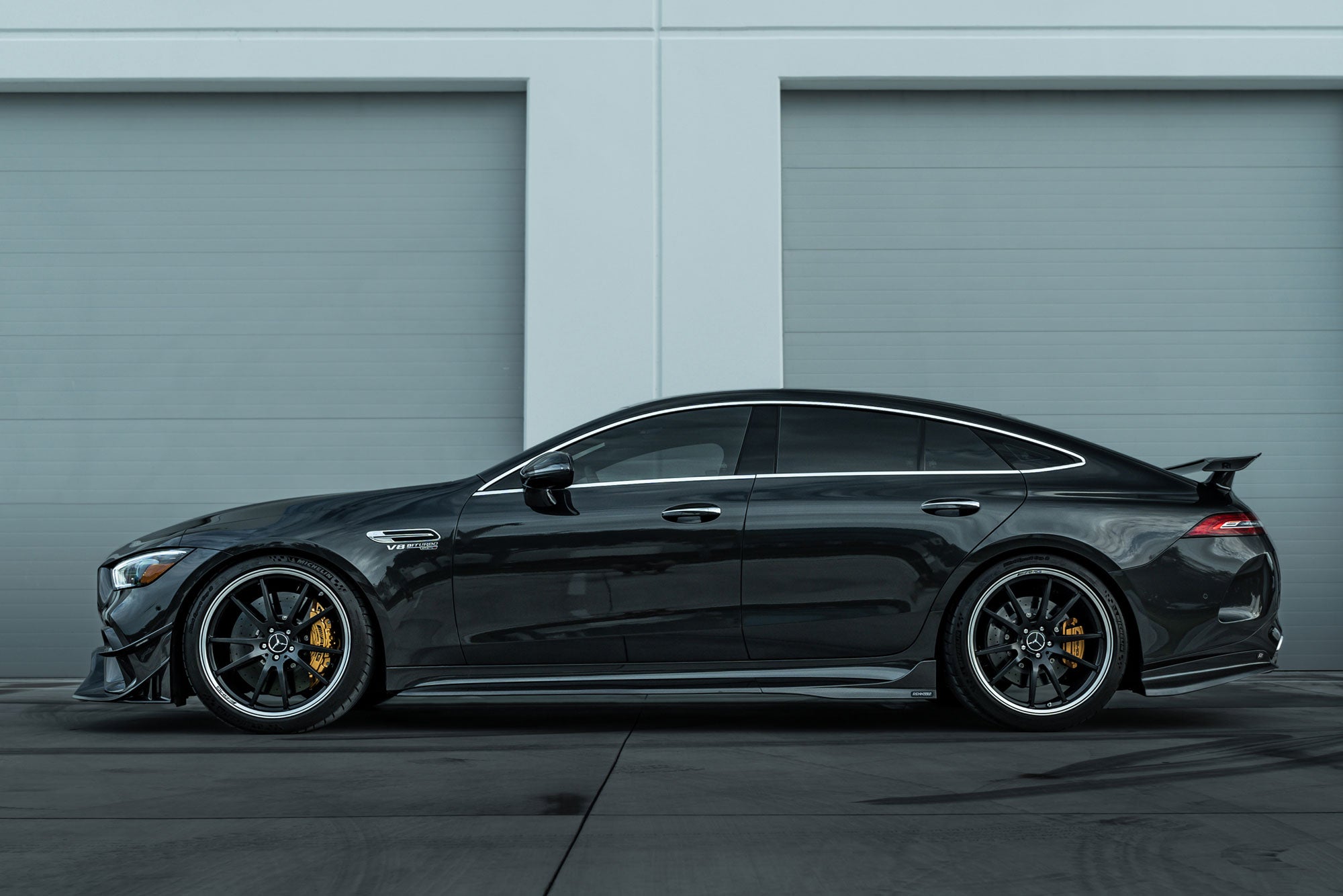 Black AMG GT 4-Door car side profile with A1 side skirts - Carbon Fiber Side Skirts for the 2019-2026 AMG GT 63 4-Door Coupe