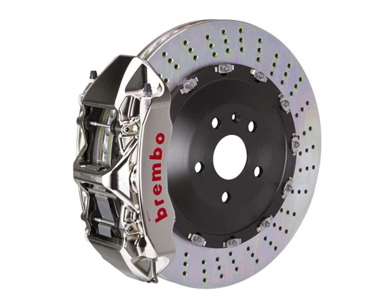 A front view of Brembo GT-R Front Big Brake Kit 405x34 2-Piece 6-Piston Drilled Rotors Volkswagen Tiguan R (Mk2) with white background