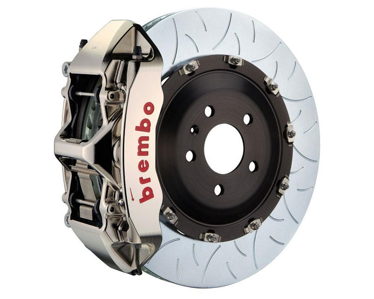 A front view of Brembo GT-R Front Big Brake Kit 380x34 Type 3 Rotors for Volkswagen Golf R (Mk8) with white background