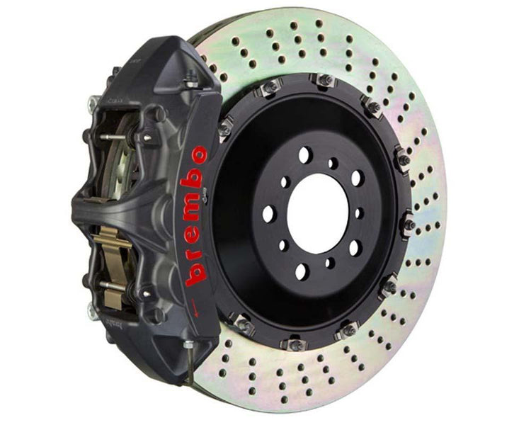 A front view of Brembo GT-S Front Big Brake Kit 405x34 2-Piece 6-Piston Drilled Rotors Volkswagen Tiguan R (Mk2) with white background