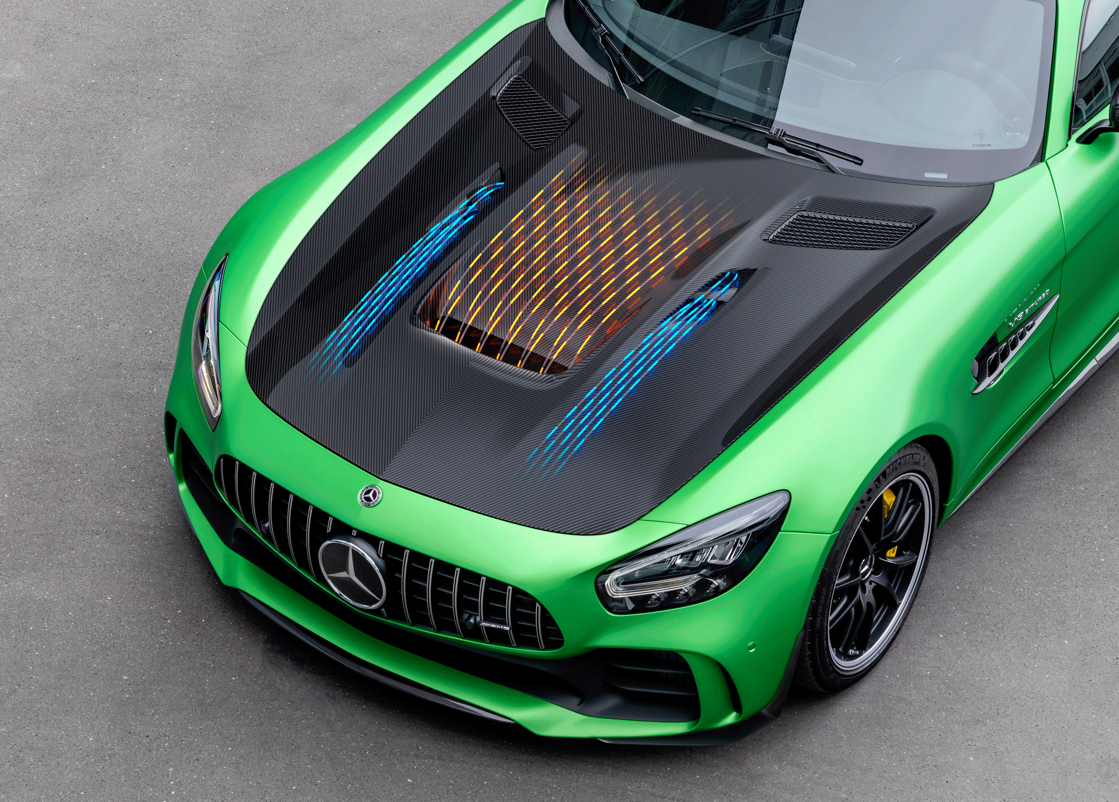 Green AMG GT car with the vented carbon hood fitted - Carbon Fiber Hood for the 2016-2021 AMG GT