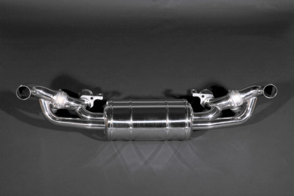 wide back view of Capristo Valved Exhaust for Lamborghini Gallardo 2003–2013 with black background