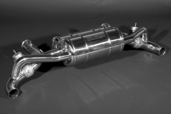 wide front view of Capristo Valved Exhaust for Lamborghini Gallardo 2003–2013 with black background