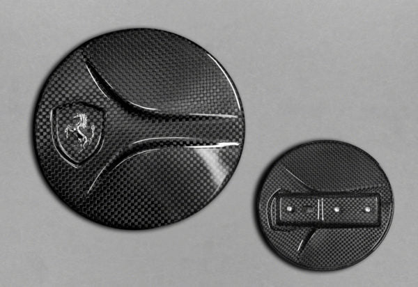 close view of Capistro Carbon Gas Cap (Matte) for Ferrari 488 GTB / GTS 2015-2019 with grey background