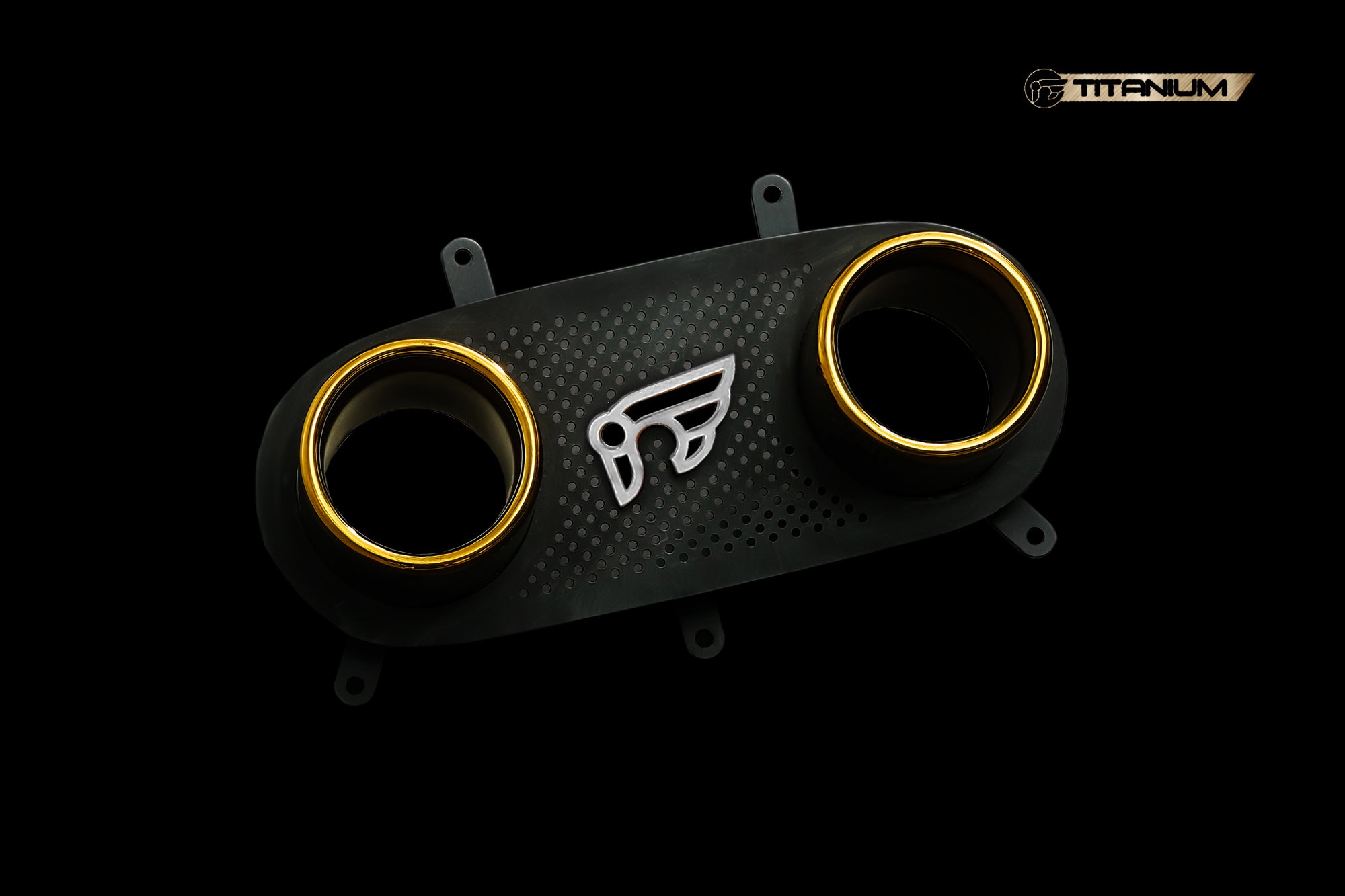 A front wide view of the gold tips of the IPE SS Titanium Cat-Back Exhaust System for Ferrari 458 Italia / Spider 2010-2015 with black background