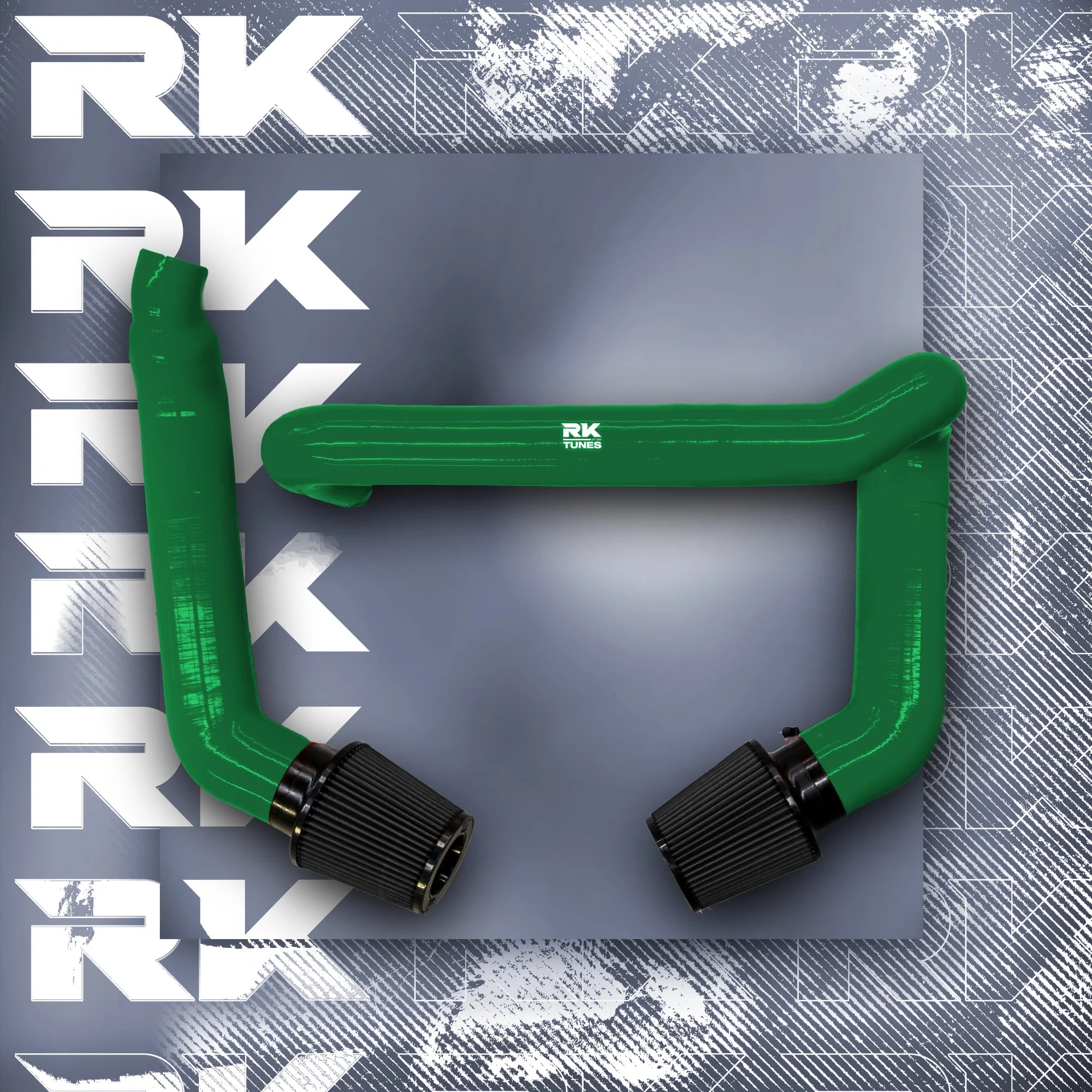 A top view of RK TUNES FRONT MOUNT INTAKES FOR G80 | G82 | G83 | G87 M2 | M3 | M4 | S58 2020+ in dark green with black air filters