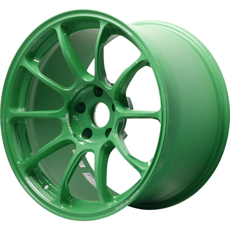 A front view of Volk Racing ZE40 Wheel 18x9.5 5x100 43mm GT Green with white background