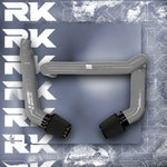 A top view of RK TUNES FRONT MOUNT INTAKES FOR G80 | G82 | G83 | G87 M2 | M3 | M4 | S58 2020+ in grey with black air filters