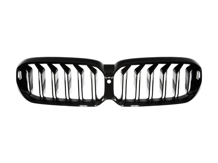 A front view of AUTOTECKNIC GLAZING BLACK FRONT GRILLE - BMW F90 M5 LCI | G30 5-SERIES LCI 2022+ with white background