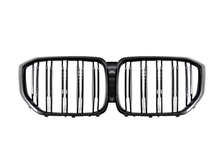 A front view of AUTOTECKNIC DUAL-SLATS GLAZING BLACK FRONT GRILLE - BMW G05 X5 PRE-LCI 2018-2022 with white background