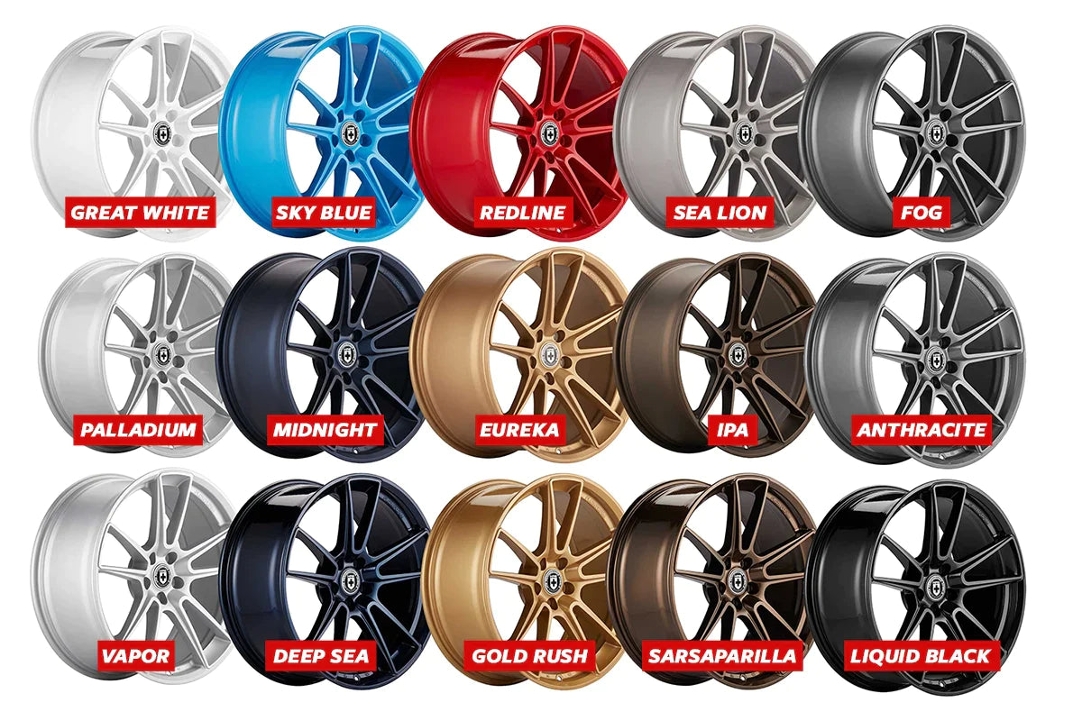 An overview of HRE FlowForm FF21 Wheels's optional color finishes with a white background