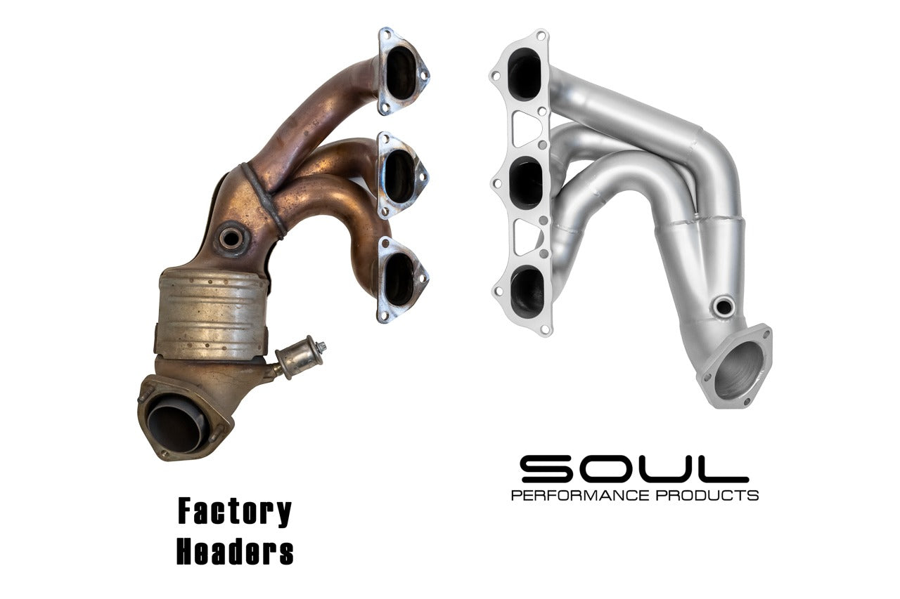 Soul 718 GT4 RS / Spyder RS competition headers: factory headers beside the SOUL competition headers
