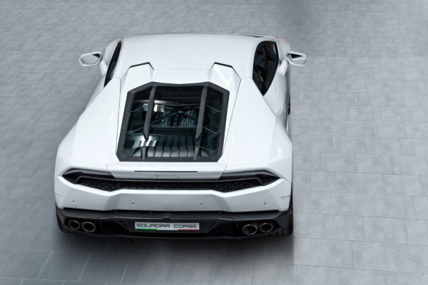 wide top view of Capristo Carbon Engine Bonnet/Hood (With Scoops) Matte for Lamborghini Huracan 2014-2019 fitted inside a white car
