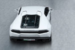 wide top view of Capristo Carbon Engine Bonnet/Hood (With Scoops) Matte for Lamborghini Huracan 2014-2019 fitted inside a white car