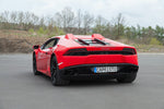 wide back view of Capristo Carbon Engine Bonnet/Hood (With Scoops) Matte for Lamborghini Huracan 2014-2019 fitted inside a red car