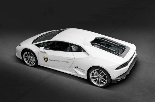 wide top view of Capristo Carbon Engine Bonnet/Hood (Matte) for Lamborghini Huracan 2014-2019 fitted inside a car