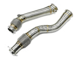 A top view of RK Autowerks F97 F98 X3M X4M CATLESS DOWNPIPES with a white background
