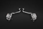 close front view of Capristo Valved Exhaust (for OE Valves) for Mercedes AMG E63S (W213) 4L BiTurbo 2017-2022 with black background
