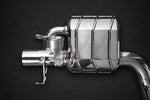 close top view of Capristo Valved Exhaust (for OE Valves) for Mercedes AMG E63S (W213) 4L BiTurbo 2017-2022 with black background