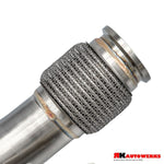 A close up view of RK Autowerks X5M X6M F95 F96 CATLESS DOWNPIPE with a white background