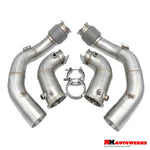 A top view of RK Autowerks X5M X6M F95 F96 CATLESS DOWNPIPE with a white background