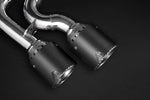 Close-up of Capristo carbon fiber tailpipes on the Giulia Quadrifoglio exhaust