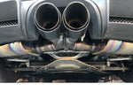A close view of Valvetronic Designs Valved Sport Exhaust System fitted on a car (for Porsche Boxster/Cayman 981).
