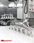 A wide view of Unfinished Aluminum of the RK Autowerks S58 BILLET PORT INJECTION MANIFOLD on a white table