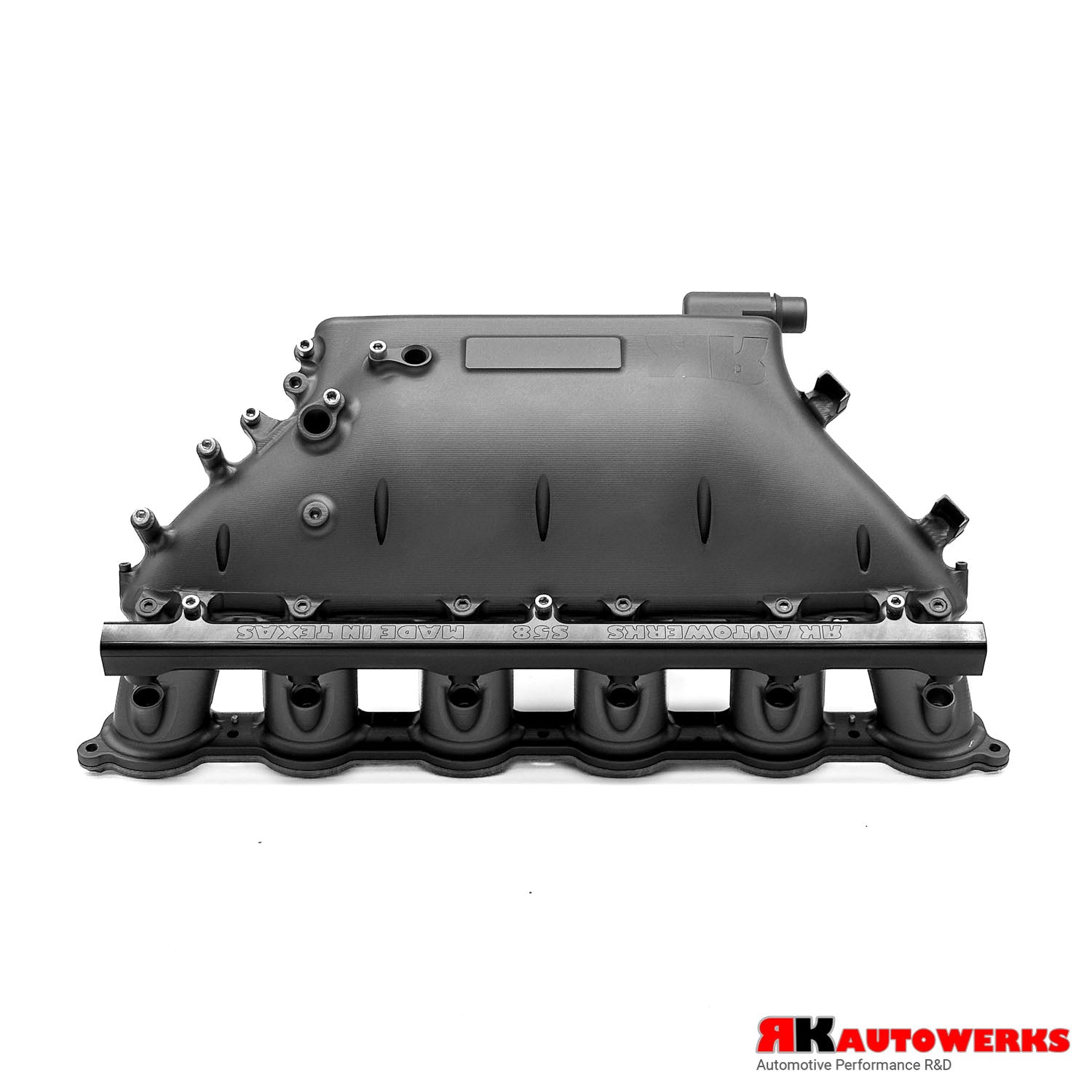 A wide view of Thermal Tungsten Grey of the RK Autowerks S58 BILLET PORT INJECTION MANIFOLD with a white background